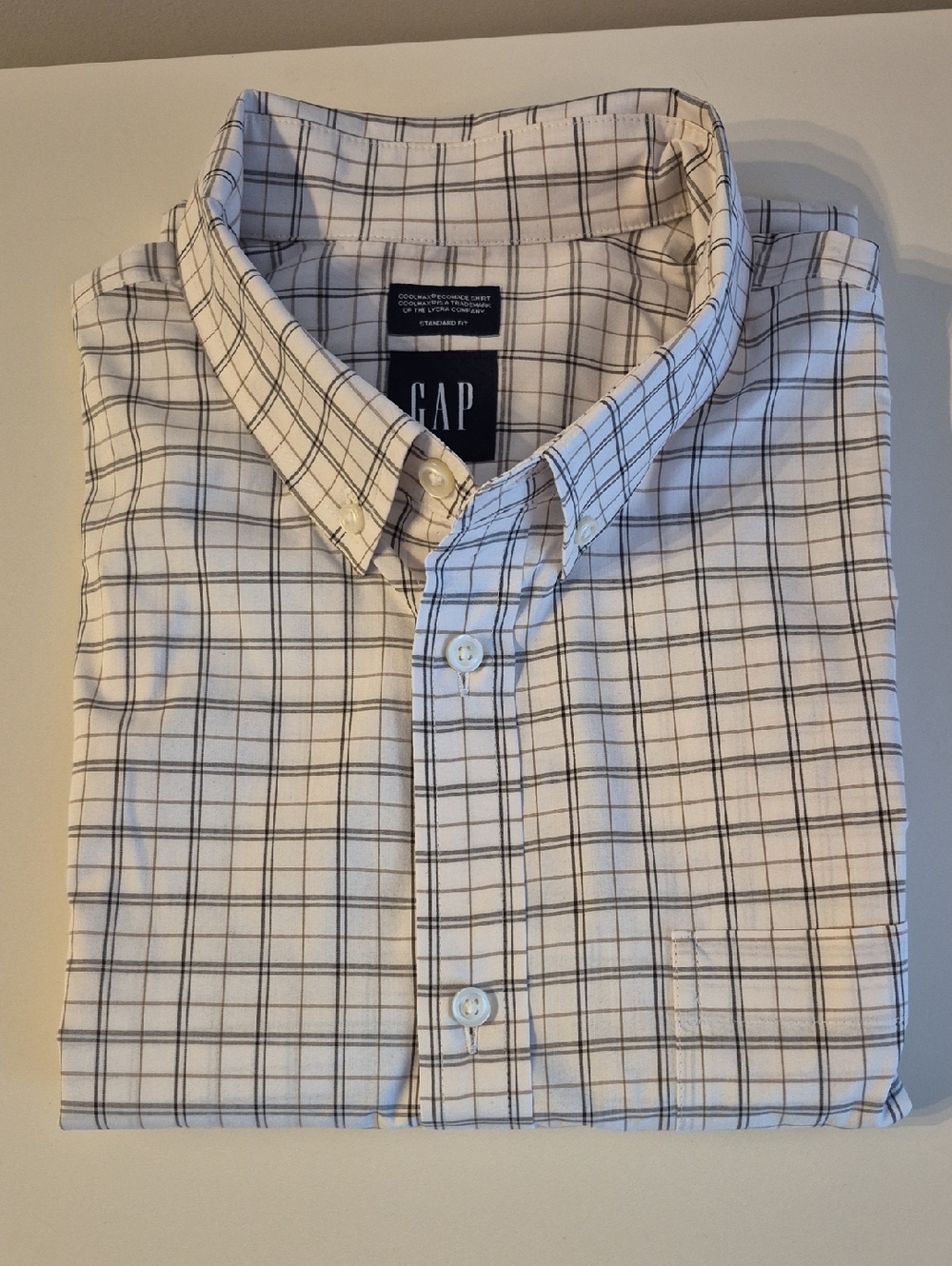 GAP Men's White Plaid Button-Down Shirt with Black and Tan Grid XL - COOL MAX